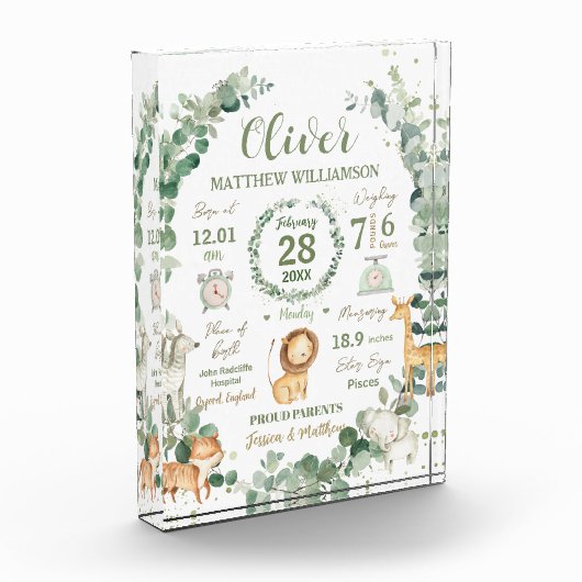 ジャングルの動物と緑の赤ちゃん誕生記念プリントステッカー フォトブロック (左)