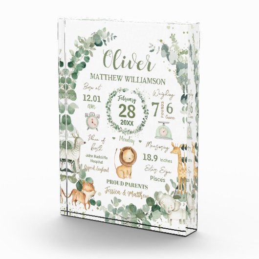 ジャングルの動物と緑の赤ちゃん誕生記念プリント統計 フォトブロック (右)