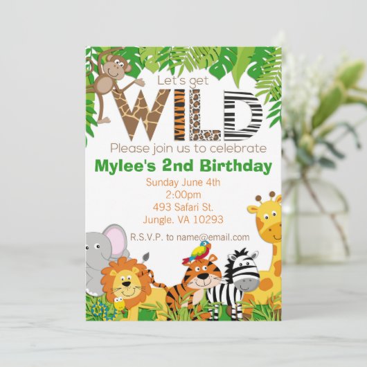 ジャングルの動物のサファリの誕生日の招待状 招待状 (スタンド正面)