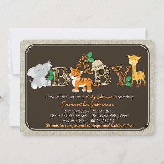 ジャングルの動物のベビーシャワーの招待状 招待状 (正面)