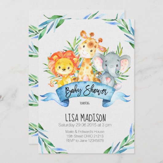 ジャングルの動物のベビーシャワーの招待状 招待状 (正面/裏面)