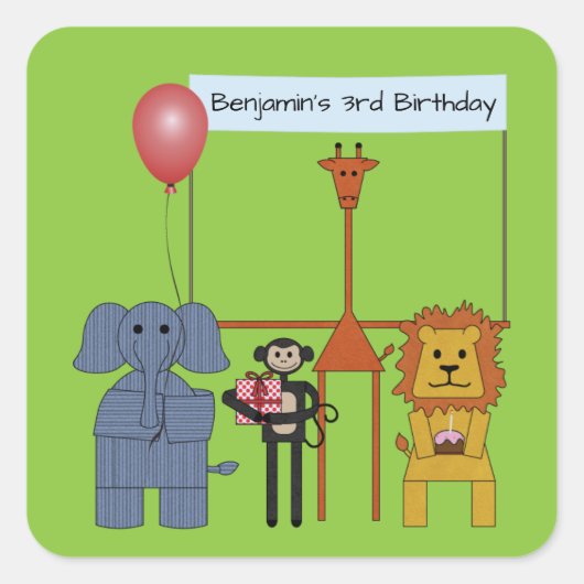 ジャングルの動物の誕生日パーティースクエアステッカー スクエアシール (正面)
