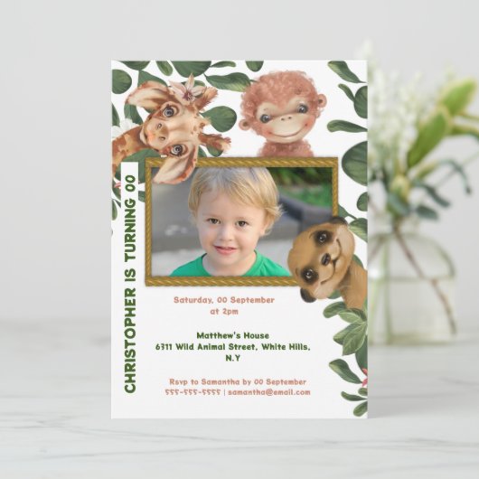 ジャングルの動物の野生のテーマ写真の誕生日パーティー 招待状 (スタンド正面)