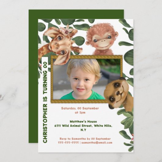 ジャングルの動物の野生のテーマ写真の誕生日パーティー 招待状 (正面/裏面)