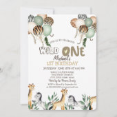 ジャングルの動物の風船 1歳の誕生日 招待状 (正面)