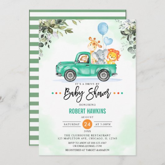 ジャングルの動物サファリがベビーシャワーで運転 招待状 (正面/裏面)