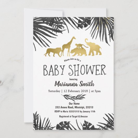 ジャングルの動物ベビーシャワー招待状 ブラック ゴールド 招待状 (正面)