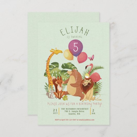 ジャングルの動物園の動物の友人の誕生会の招待 招待状 (正面/裏面)