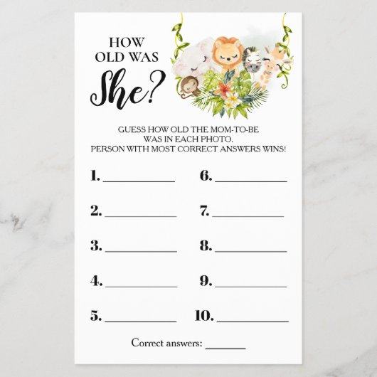 ジャングルの動物彼女の赤ちゃんシャワーカードは何歳だった チラシ (正面)