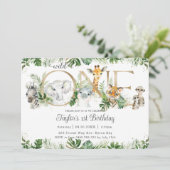 ジャングルの動物 グリーン 自然 ワン ファーストバースデー 招待状 (スタンド正面)