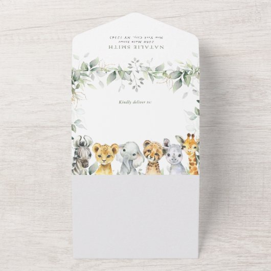 ジャングルの動物,サファリ,ワイルドワン,赤ちゃんシャワー オールインワン招待状 (外側)