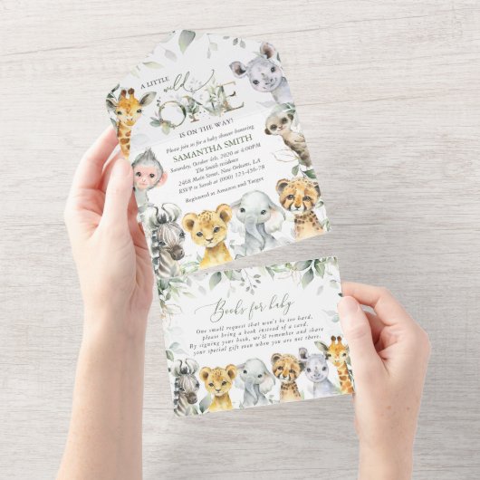 ジャングルの動物，サファリ，ワイルドワン，赤ちゃんシャワー オールインワン招待状 (貼ってはがせる)