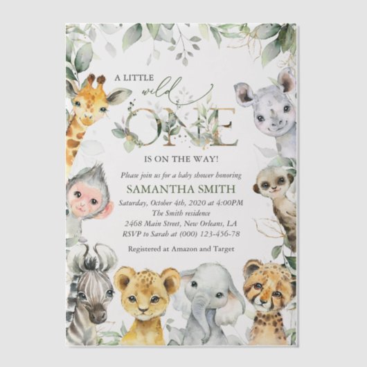 ジャングルの動物,サファリ,ワイルドワン,赤ちゃんシャワー ベラム紙招待状 (正面)