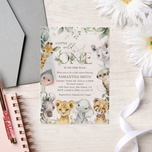 ジャングルの動物,サファリ,ワイルドワン,赤ちゃんシャワー ベラム紙招待状 (ウェディング)
