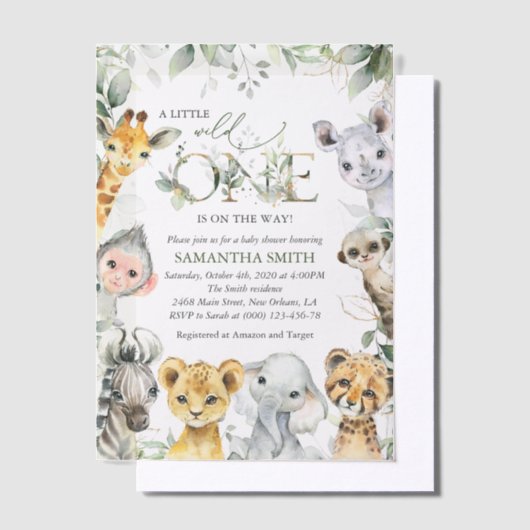 ジャングルの動物,サファリ,ワイルドワン,赤ちゃんシャワー ベラム紙招待状 (オフセット)