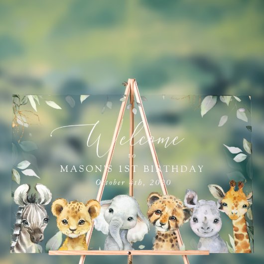 ジャングルの動物、サファリ、1歳の誕生日ウェルカム アクリルサイン (ニュートラル)