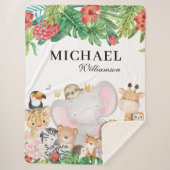 ジャングルの動物+名パーソナライズされた前の緑葉の シェルパブランケット (正面)