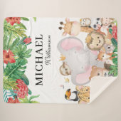 ジャングルの動物+名パーソナライズされた前の緑葉の シェルパブランケット (正面(横))