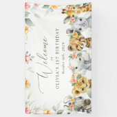 ジャングルの動物、花、最初の誕生日へようこそ 横断幕 (縦)