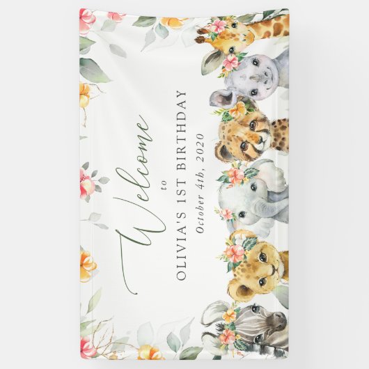 ジャングルの動物、花、最初の誕生日へようこそ 横断幕 (縦)