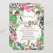 ジャングルの動物 風船 葉っぱ 1歳の誕生日 招待状 (正面/裏面)