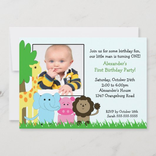 ジャングルの友達の写真の誕生日の招待状 招待状 (正面)