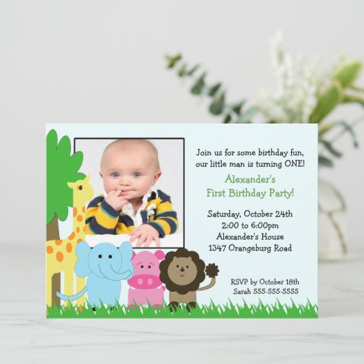 ジャングルの友達の写真の誕生日の招待状 招待状 (スタンド正面)
