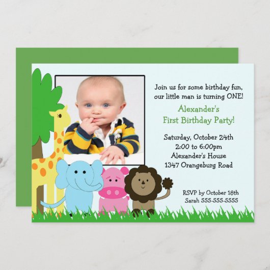 ジャングルの友達の写真の誕生日の招待状 招待状 (正面/裏面)