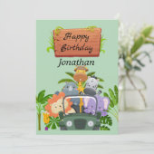 ジャングルの可愛いサファリl緑の一歳の誕生日 シーズンカード (スタンド正面)