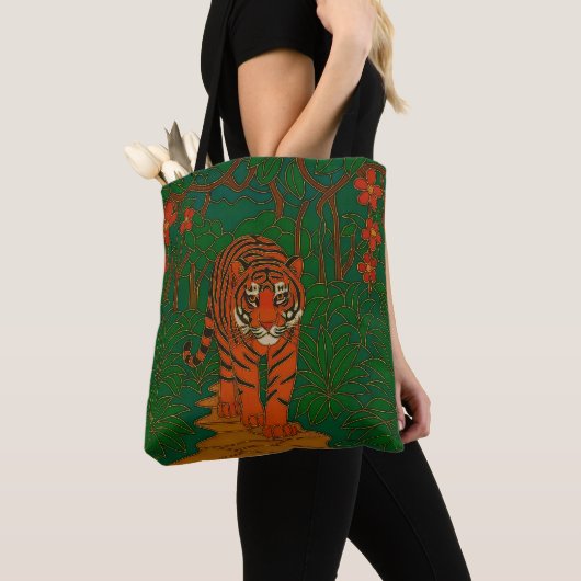 ジャングルの小道のクロワゾネ虎の美術品 トートバッグ (クローズアップ)
