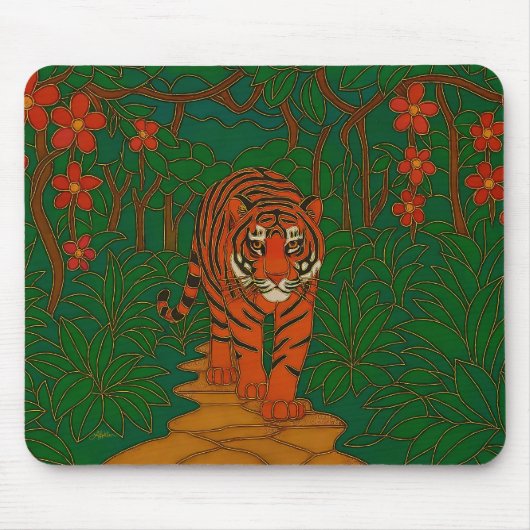 ジャングルの小道を行く七宝焼の虎 マウスパッド (正面)