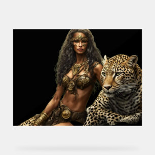 ジャングルの少女とペットのヒョウ アクリルウォールサイン アクリルサイン