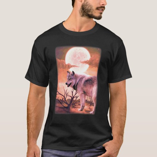 ジャングルの山の夜、月に吠えるオオカミ W Tシャツ (正面)