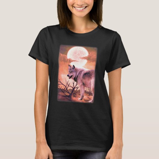 ジャングルの山の夜、月に吠えるオオカミ W Tシャツ (正面)