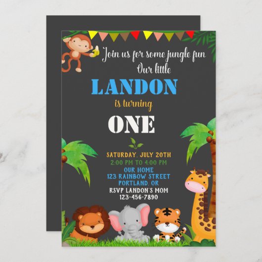 ジャングルの最初の誕生日の招待ワイルドワン招待状 招待状 (正面/裏面)