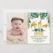 ジャングルの最初の誕生日ワイルドワンサファリ動物パーティー 招待状 (正面)