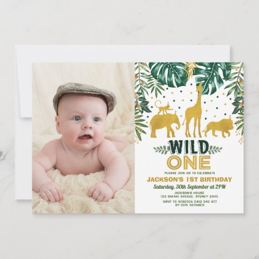 ジャングルの最初の誕生日ワイルドワンサファリ動物パーティー 招待状 (正面)
