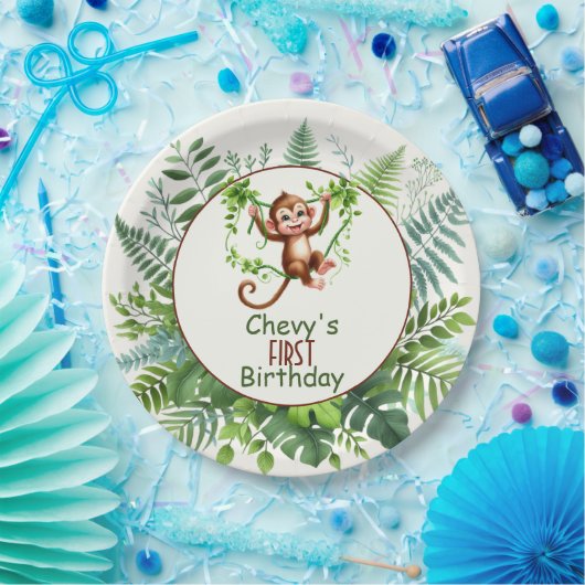 ジャングルの木の枝にとまるサル 1歳の誕生日 ペーパープレート (パーティー)