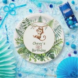 ジャングルの木の枝にぶら下がるサル 初めての誕生日 ペーパープレート