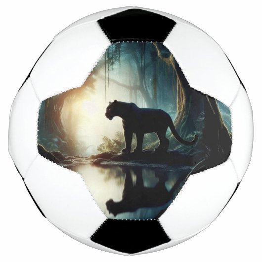 ジャングルの水たまりに写る黒いヒョウ サッカーボール (正面)