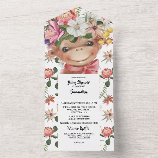 ジャングルの水色のモンキーシャワー男女兼用シャワー オールインワン招待状 (内側)