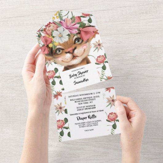 ジャングルの水色の虎の子可愛い猫の赤ちゃんシャワー オールインワン招待状 (貼ってはがせる)