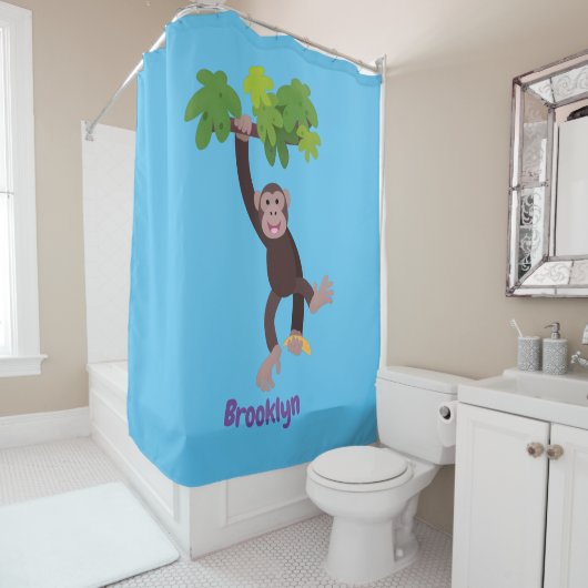 ジャングルの漫画の可愛ぶら下がったいチンパンジー シャワーカーテン (インサイチュ)