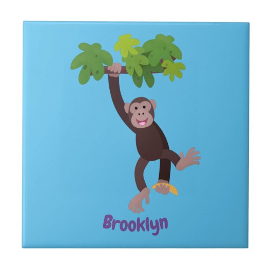 ジャングルの漫画の可愛ぶら下がったいチンパンジー タイル (正面)