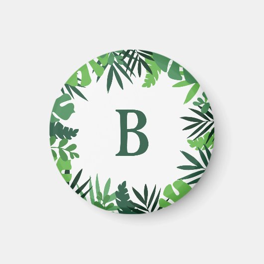 ジャングルの熱帯パーム葉の緑のモノグラム マグネット (正面)