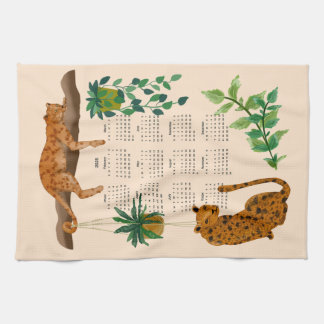 ジャングルの猫;ヒョウとポット植物2025カレンダー キッチンタオル