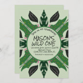 ジャングルの緑の手描き動物園パーティー 招待状 (正面/裏面)