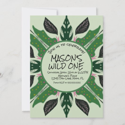 ジャングルの緑豊かな手描き動物園パーティー 招待状 (正面)