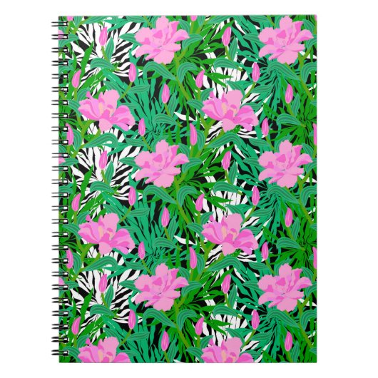ジャングルの花が付いている熱帯パターン ノートブック (正面)