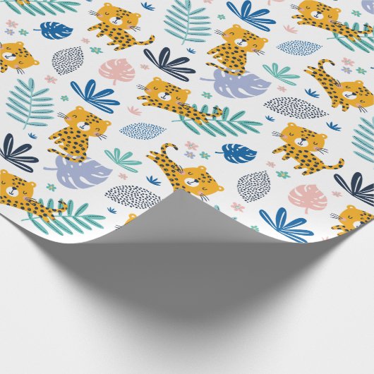 ジャングルの葉が白いかわいいヒョウ ラッピングペーパー (角)